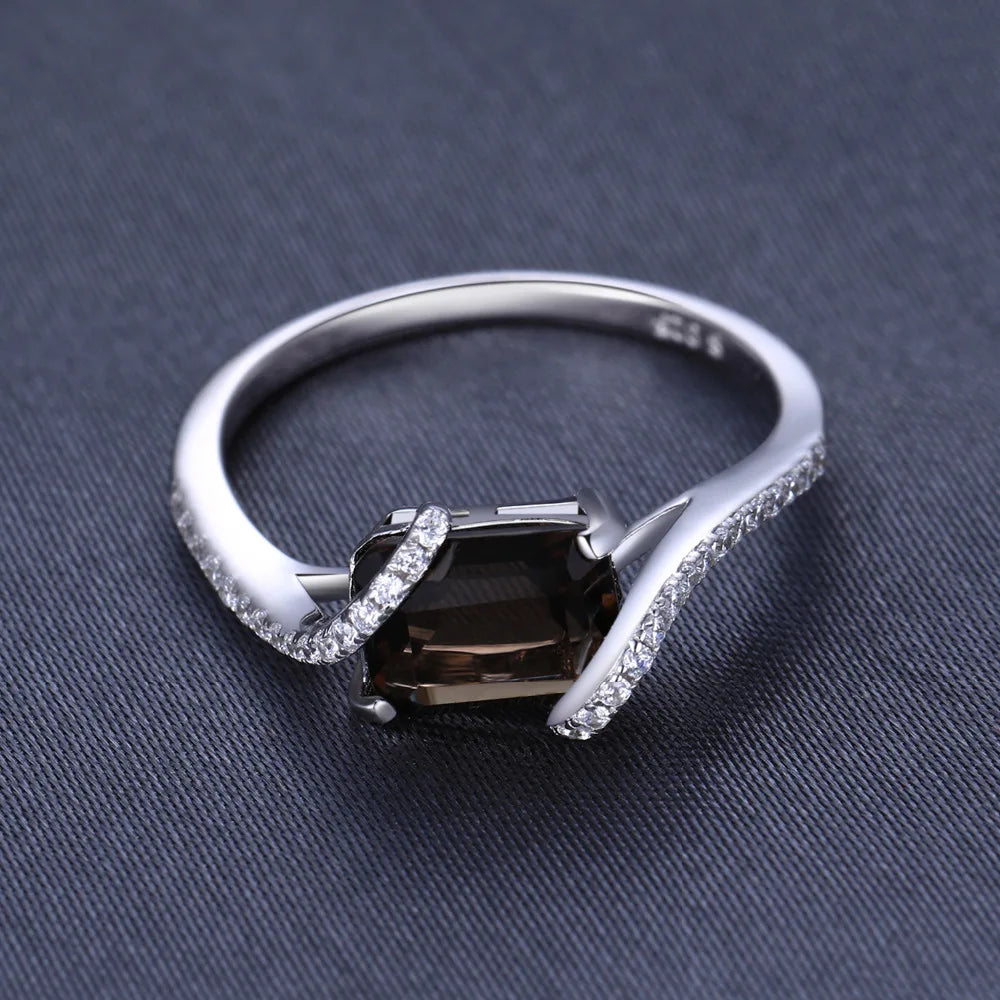 JewelryPalace 1.7ct Emerald Cut Genuine Smoky Quartz 925 Sterling Silver Ring for Woman Wedding Engagement Gemstone Jewelry