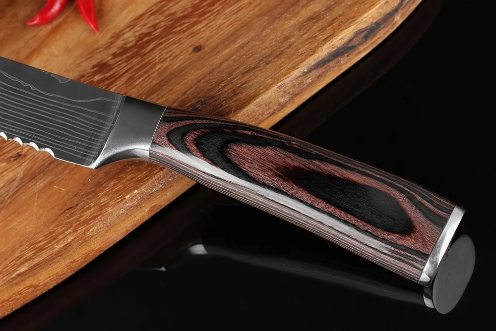 Kitchen Bread Knife Serrated Design Laser Damascus Stainless Steel Blade 8 inch