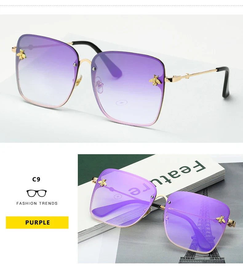 New Fashion Lady Oversize Rimless Square Bee Sunglasses Women Men Small Glasses Gradient Sun Glasses Female UV400