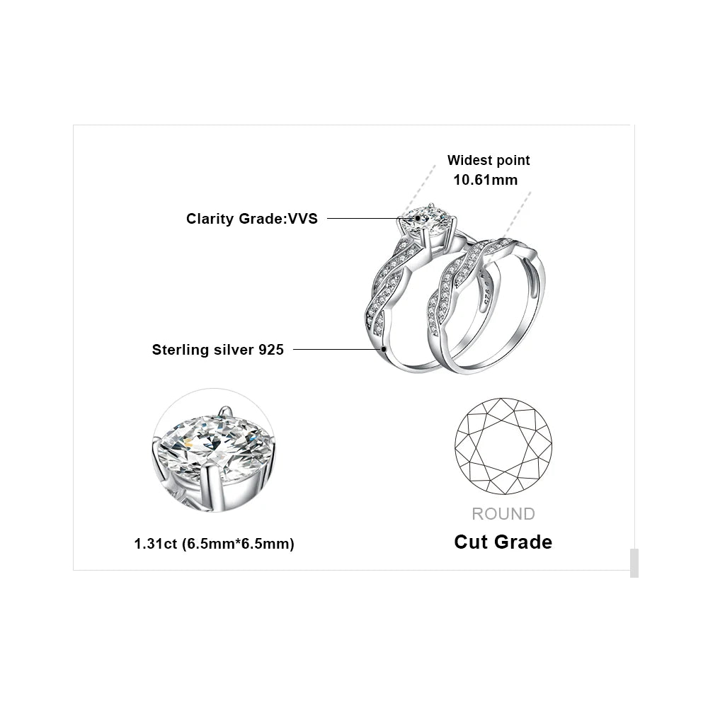 2 Pcs Engagement Wedding Ring Sets For Women 925 Sterling Silver 1.5ct