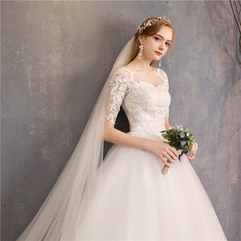 White Bridesmaid Dresses: Wedding Dress Half Cap Sleeve Princess Illusion