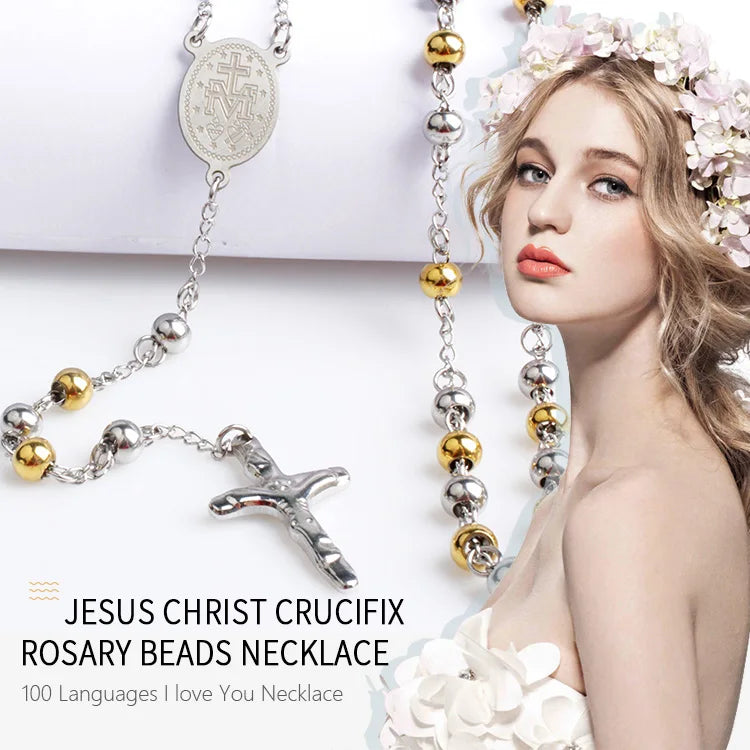 Cross Pendant Necklace For Men Women 316L Stainless Steel Rosary Beads Necklace