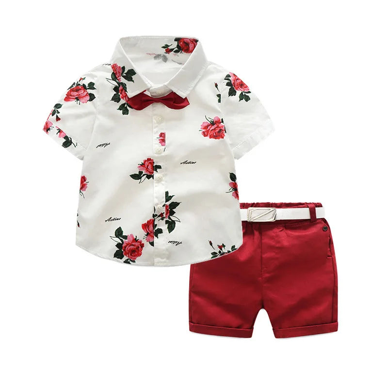 Boys Clothing Sets Summer Gentleman Suits Short Sleeve Shirt + Shorts + Belt 3PCS Kids Clothes Children Set for 1-7 Years