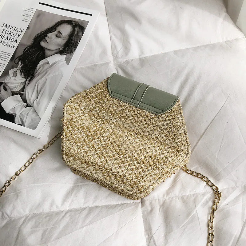 Straw+leather Handbag Women Summer Rattan Bag Handmade