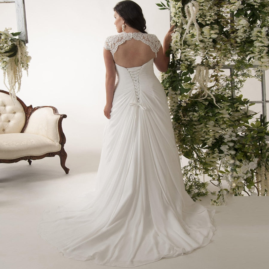 Plus Size Wedding Dresses Stock Cap Sleeve V-neck Lace Applique Chiffon