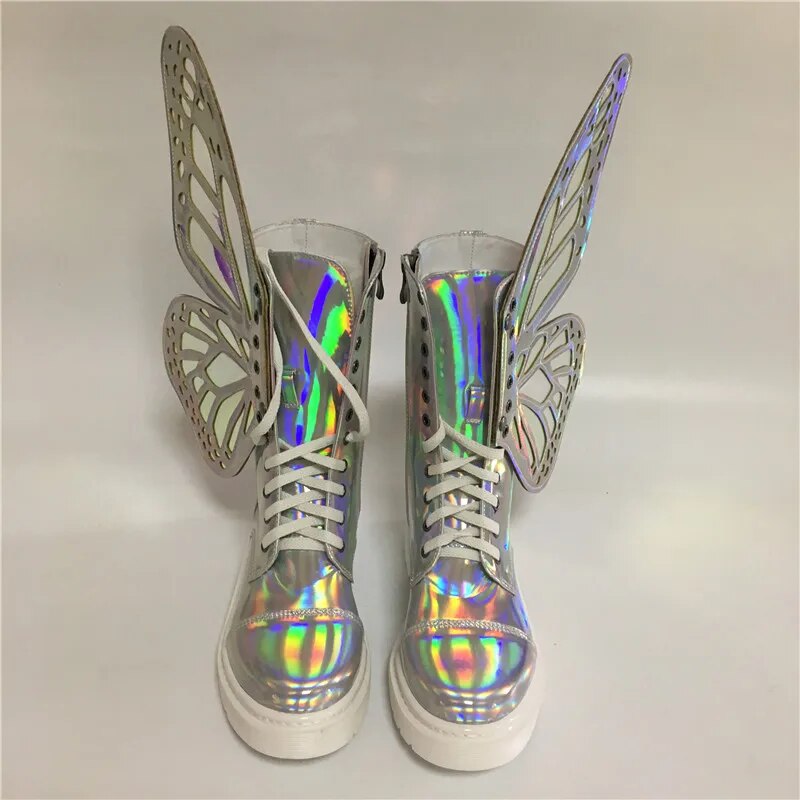 Women Silver Winter Snow Riding Boots Butterfly Wings Fashion Flat Booties Shoes