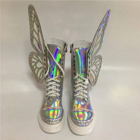 Women Silver Winter Snow Riding Boots Butterfly Wings Fashion Flat Booties Shoes