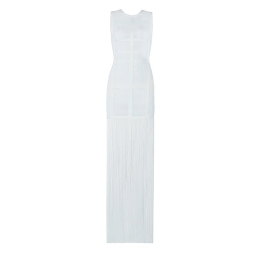 Evening Dresses: White Sleeveless Tassel Hollow Out Bodycon Rayon Bandage Dress