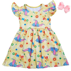 Hot selling fly elephant printed girls dress lovely elephant flutter dress knee length frock