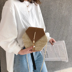 Straw+leather Handbag Women Summer Rattan Bag Handmade