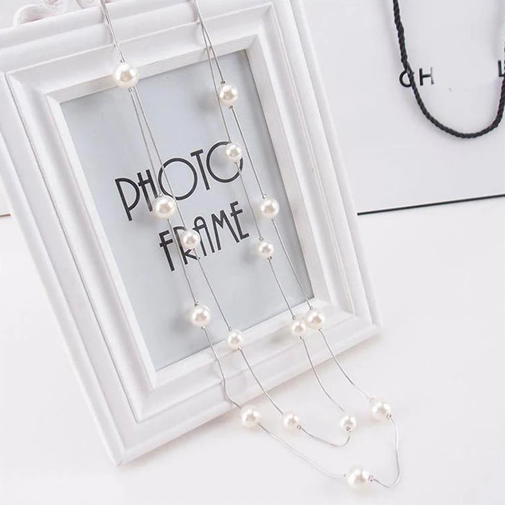Long Double Layer Simulated Pearl Necklace Women Sweater Chain  Female Collares