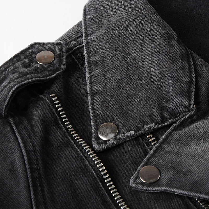 Men's zippers black denim jean biker jacket for motorcycle Vintage epaulet holes coat