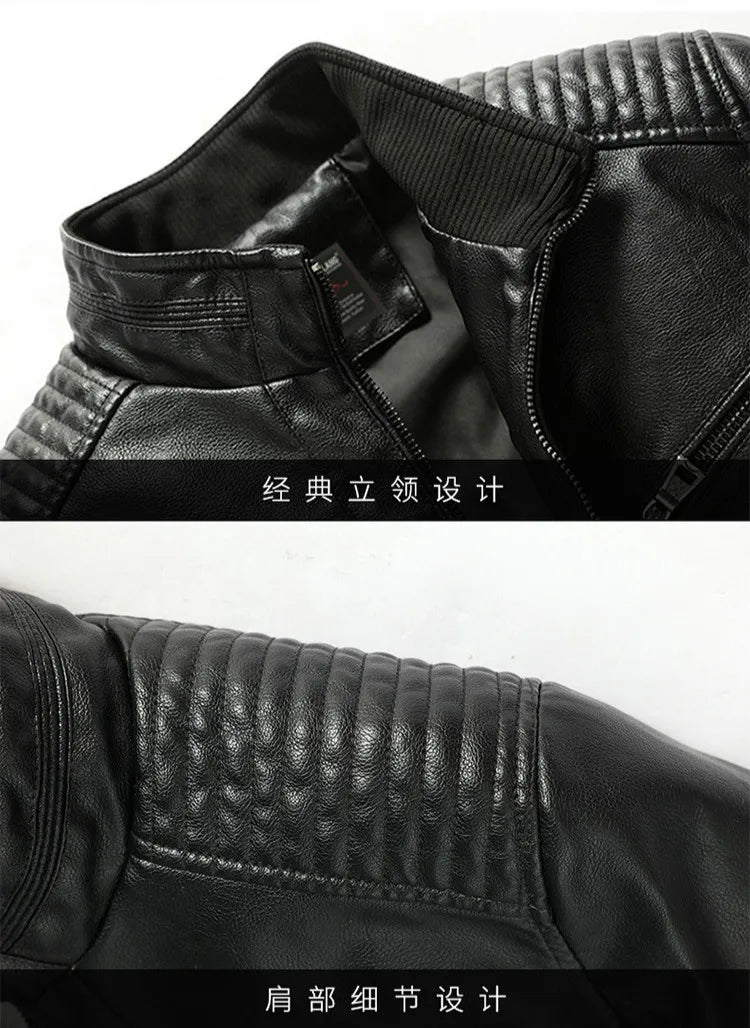 Mens PU Leather Jacket Fleece and Thicken Male Coats Motorcycle Clothing