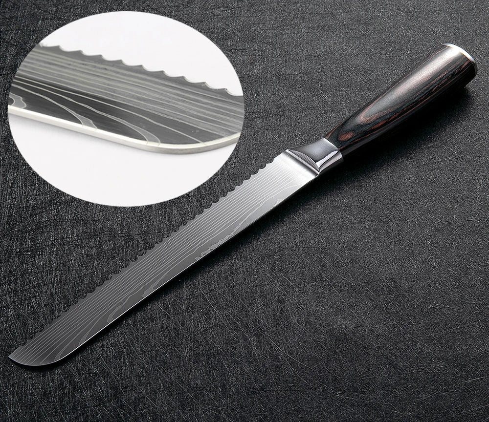 Kitchen Bread Knife Serrated Design Laser Damascus Stainless Steel Blade 8 inch