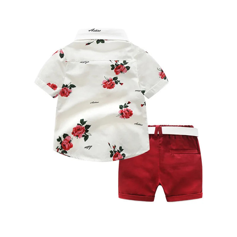 Boys Clothing Sets Summer Gentleman Suits Short Sleeve Shirt + Shorts + Belt 3PCS Kids Clothes Children Set for 1-7 Years