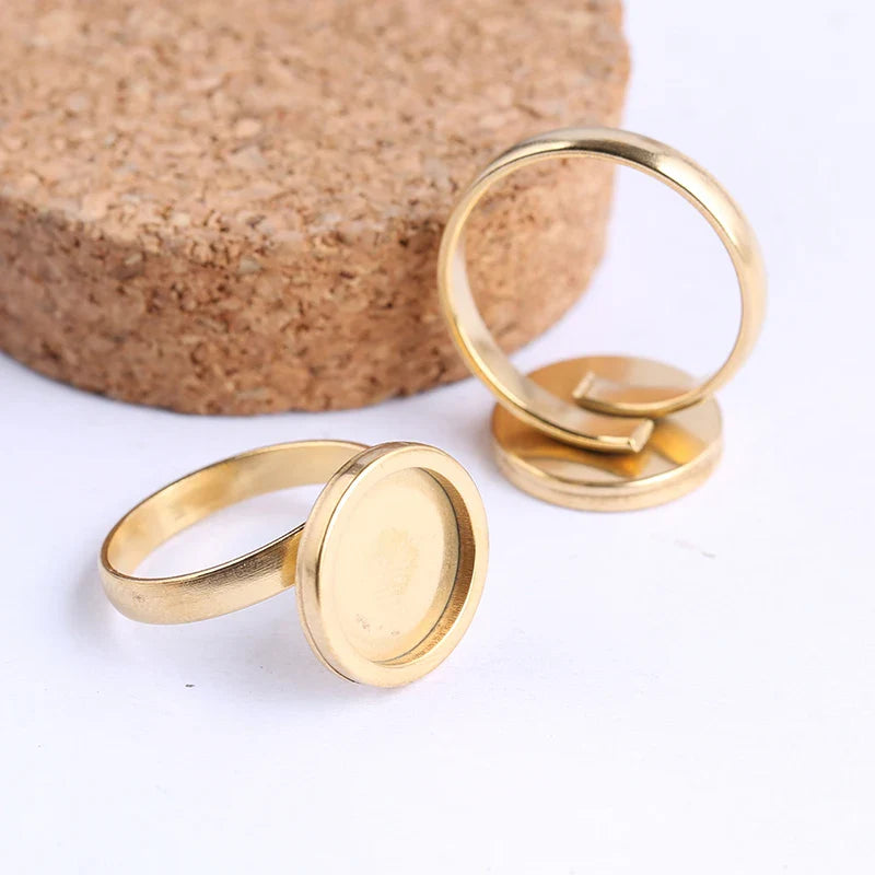 onwear 10pcs rose gold plated Fitting 12mm round cabochon ring blanks adjustable stainless steel base setting diy jewelry bezels