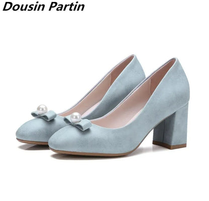 Dousin Partin Bow Tie Women Pumps Square High Heel Platform Beading Round Toe Slip On PU leather Ladies Wedding Shoes N695485241