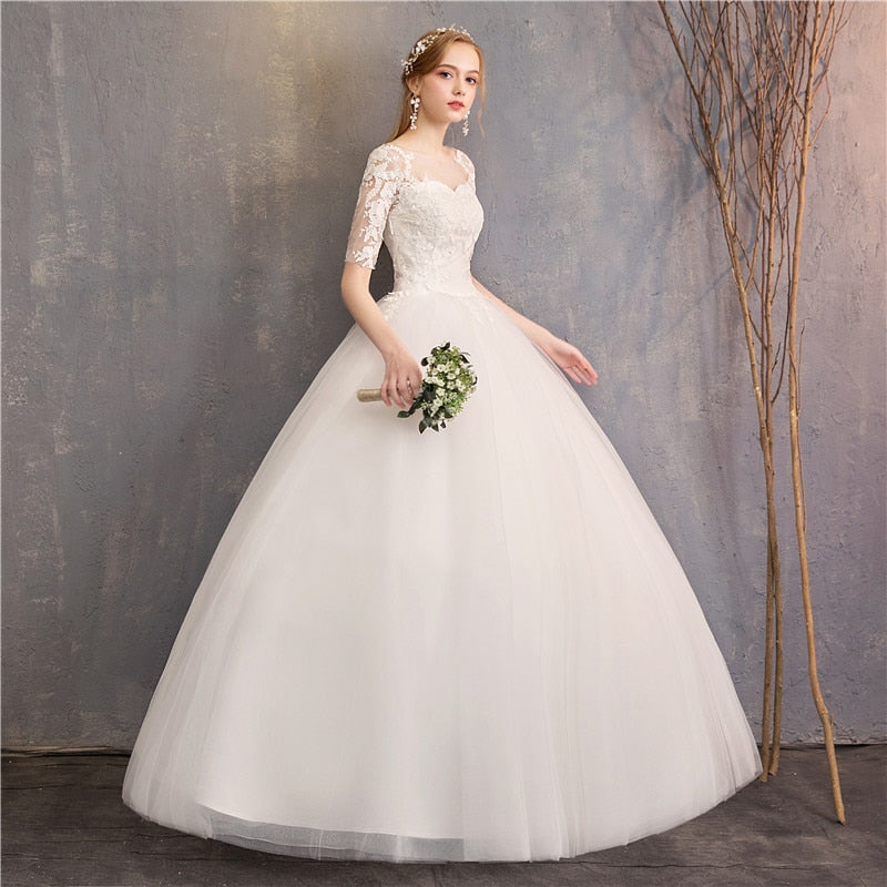 White Bridesmaid Dresses: Wedding Dress Half Cap Sleeve Princess Illusion