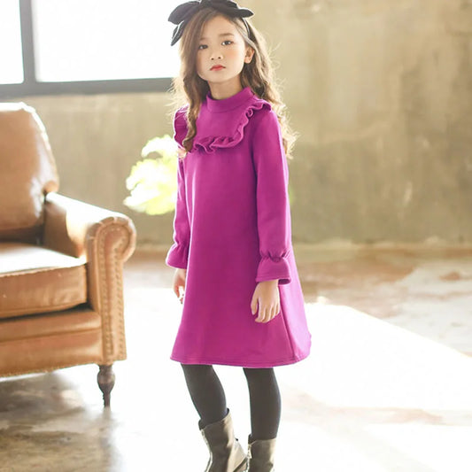 Thick Velvet Girls Dress Autumn Winter Teen Girls Warm Fleece Purple Sweatshirt Dresses