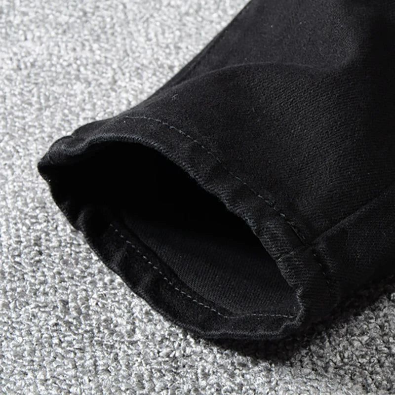 Men's black patchwork stretch denim biker jeans for motorcycle Slim fit skinny