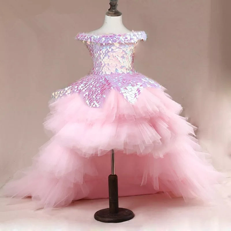 Flower Girl Dress Children Wedding Bridemaid Mermaid Dresses Kids Pink Tutu Sequin Gowns Girl Boutique Party Wear Elegant Frocks