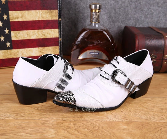 Mens pointed toe dress shoes black white high heels crocodile skin men leather shoes