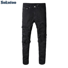 Sokotoo Men's black patchwork stretch denim biker jeans for motorcycle Slim fit