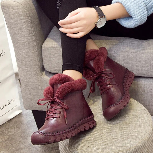 Thick Cotton Winter Boots Womens Fashion Casual Female Genuine Leather Flat