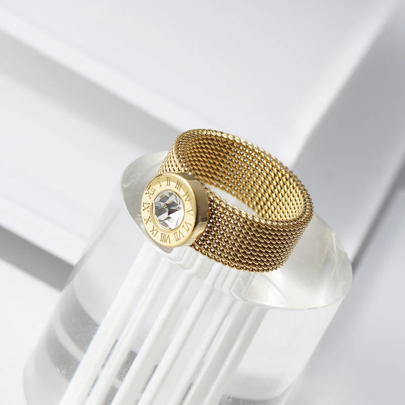 Gold Color Stainless Steel Ring Big Round Crystal Mesh Finger Ring Roman