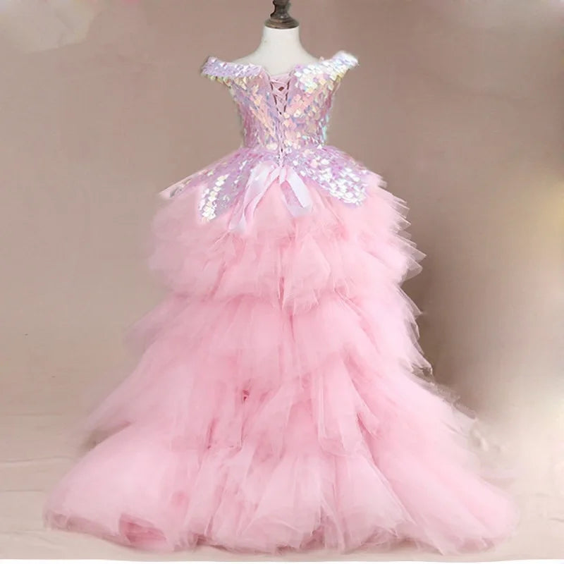 Flower Girl Dress Children Wedding Bridemaid Mermaid Dresses Kids Pink Tutu Sequin Gowns Girl Boutique Party Wear Elegant Frocks