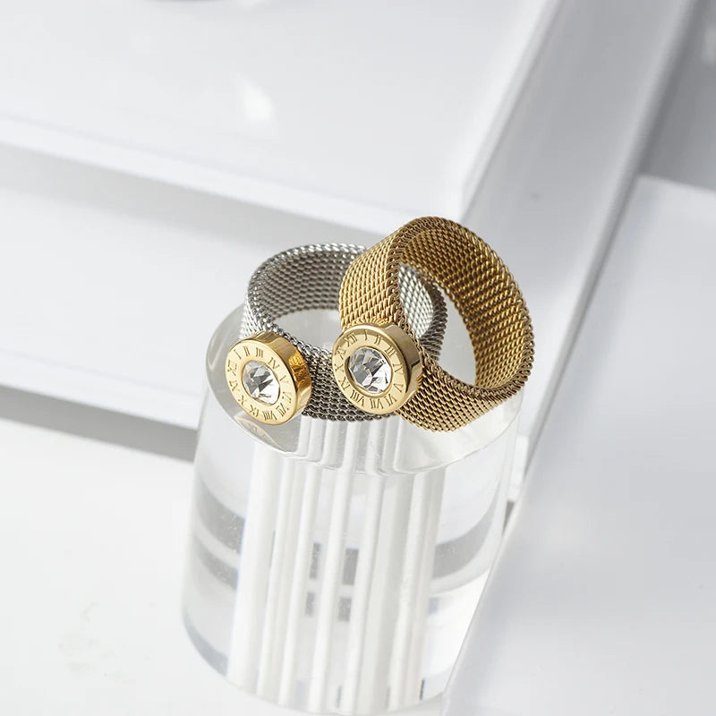 Gold Color Stainless Steel Ring Big Round Crystal Mesh Finger Ring Roman