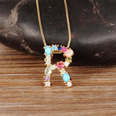 Rainbow Color Initial CZ Necklace Charm Letter Pendant Name Jewelry