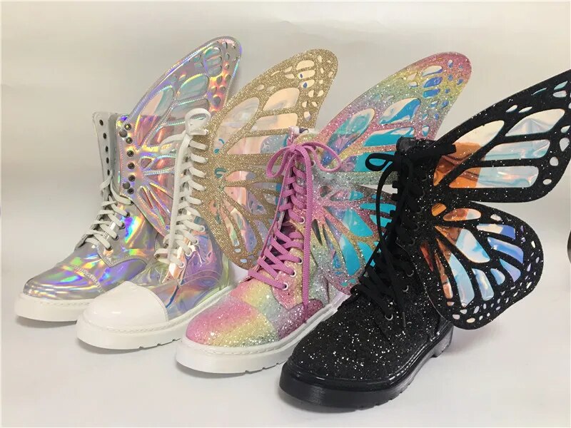 Women Silver Winter Snow Riding Boots Butterfly Wings Fashion Flat Booties Shoes