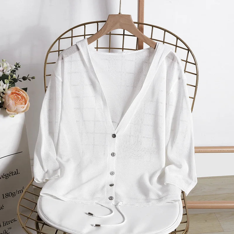Hooded Thin Sweater Cardigan Women Silk Linen Spring  Summer Lace Up V-neck Short