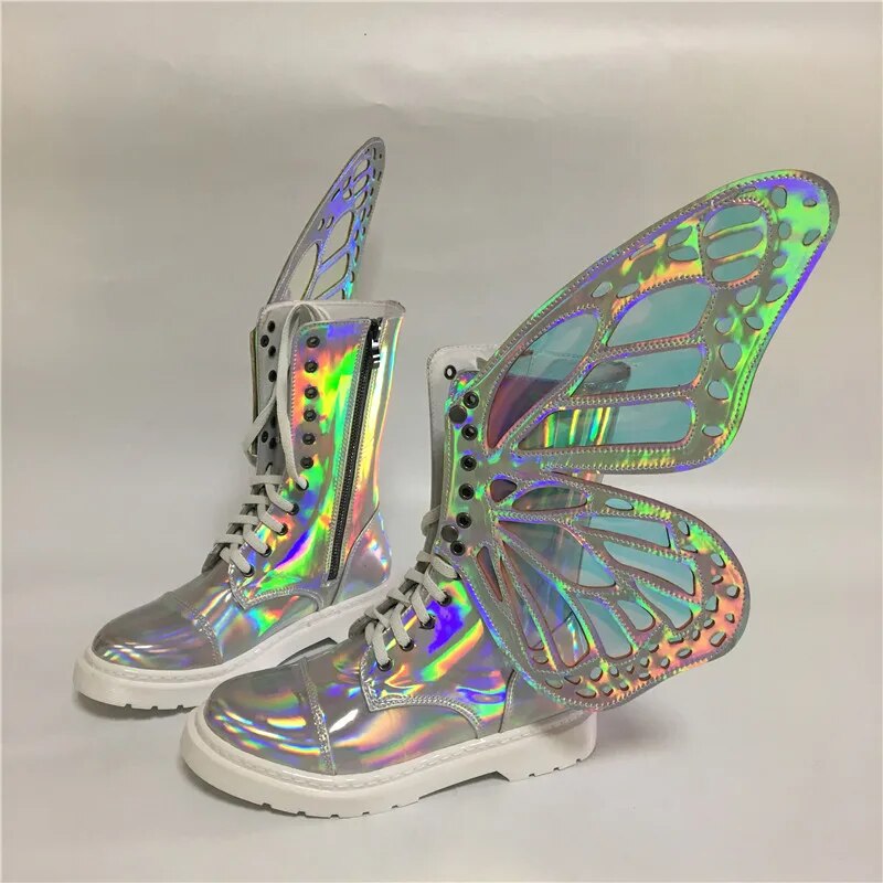 Women Silver Winter Snow Riding Boots Butterfly Wings Fashion Flat Booties Shoes