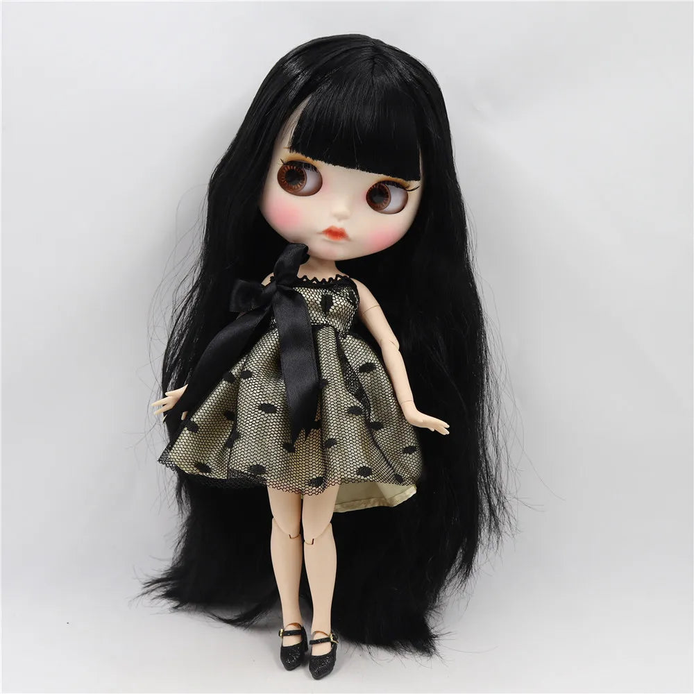 ICY DBS Blyth doll white skin joint body Black straight hair new matte face with eyebrows Lip gloss BL117