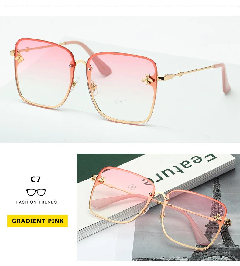 New Fashion Lady Oversize Rimless Square Bee Sunglasses Women Men Small Glasses Gradient Sun Glasses Female UV400