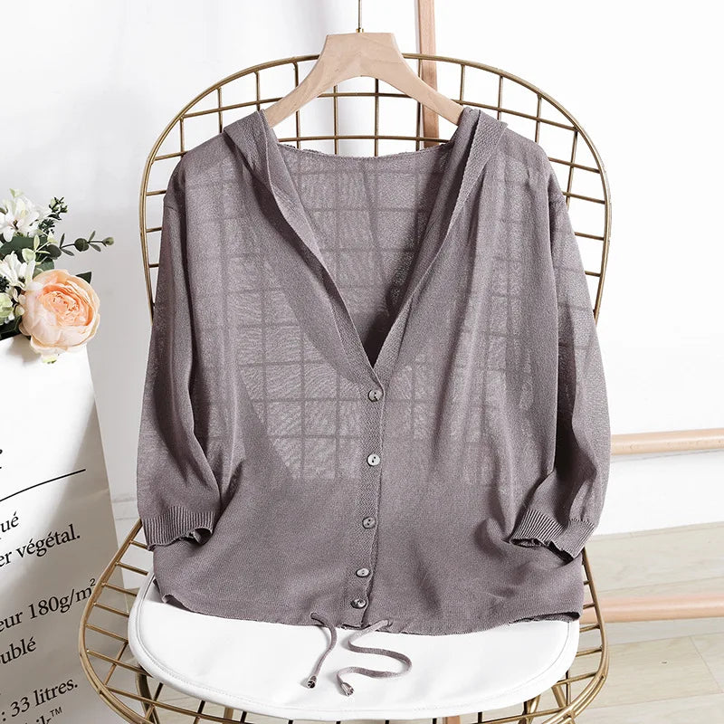 Hooded Thin Sweater Cardigan Women Silk Linen Spring  Summer Lace Up V-neck Short