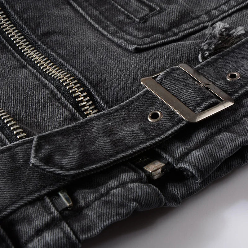 Men's zippers black denim jean biker jacket for motorcycle Vintage epaulet holes coat