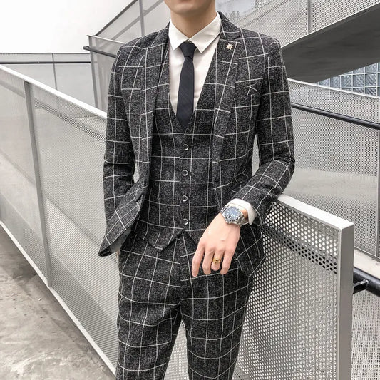 Men's Slim Fit Plaid Suit Set - Jacket, Vest, and Pants for Formal Events in Beige, Gray, Black, and Blue