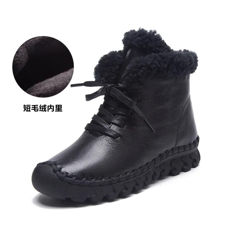 Thick Cotton Winter Boots Womens Fashion Casual Female Genuine Leather Flat