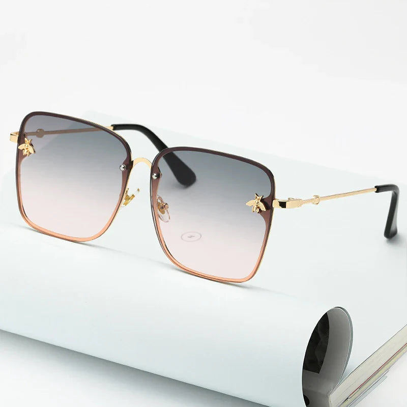 New Fashion Lady Oversize Rimless Square Bee Sunglasses Women Men Small Glasses Gradient Sun Glasses Female UV400