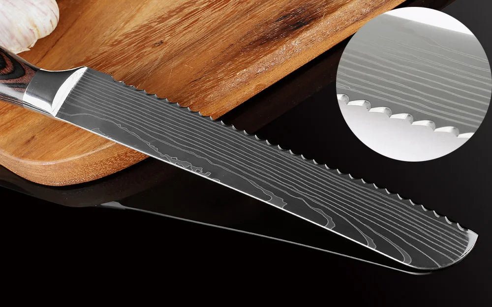Kitchen Bread Knife Serrated Design Laser Damascus Stainless Steel Blade 8 inch
