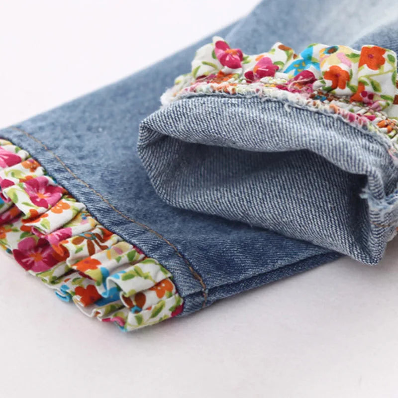 Fashion Children Baby Floral Button Patchwork Denim Blue Long Jacket For kids Girls