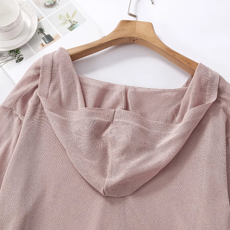 Hooded Thin Sweater Cardigan Women Silk Linen Spring  Summer Lace Up V-neck Short