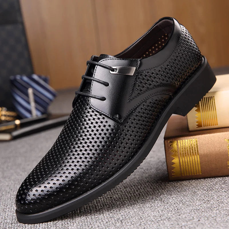 QFFAZ Men Shoes Luxury Brand Hollow Out Formal Shoes Summer Pointed Toe Business Suit Office Oxford Dress Footwear Brown Black