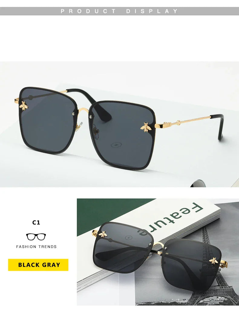 New Fashion Lady Oversize Rimless Square Bee Sunglasses Women Men Small Glasses Gradient Sun Glasses Female UV400