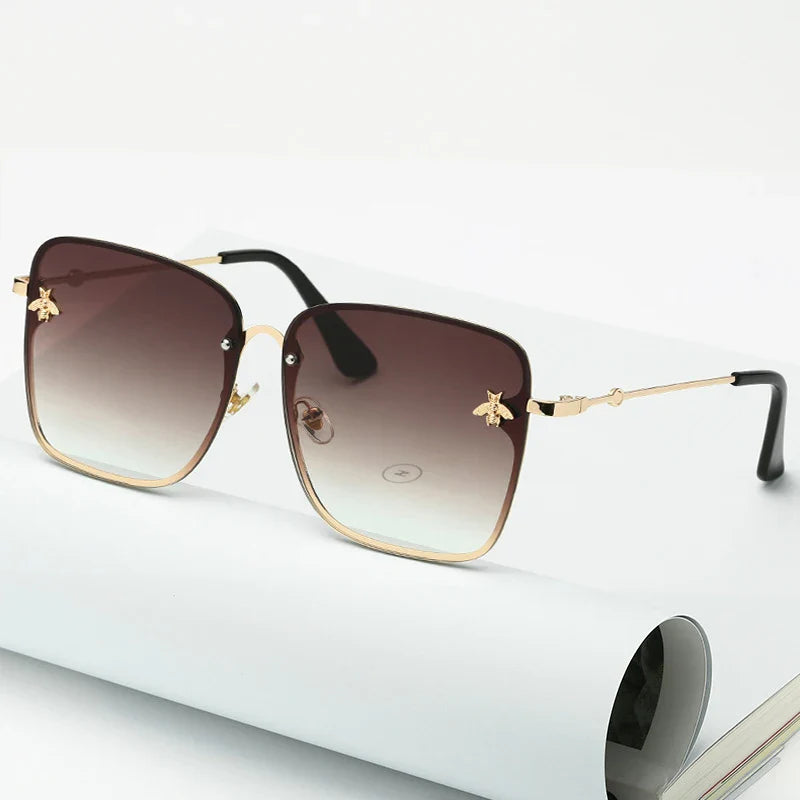 New Fashion Lady Oversize Rimless Square Bee Sunglasses Women Men Small Glasses Gradient Sun Glasses Female UV400