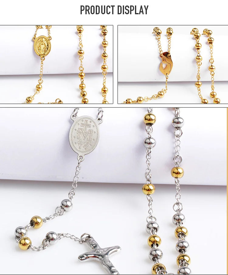 Cross Pendant Necklace For Men Women 316L Stainless Steel Rosary Beads Necklace