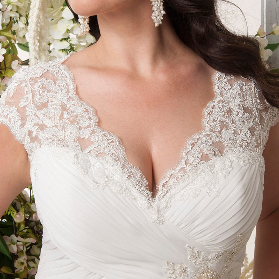 Plus Size Wedding Dresses Stock Cap Sleeve V-neck Lace Applique Chiffon